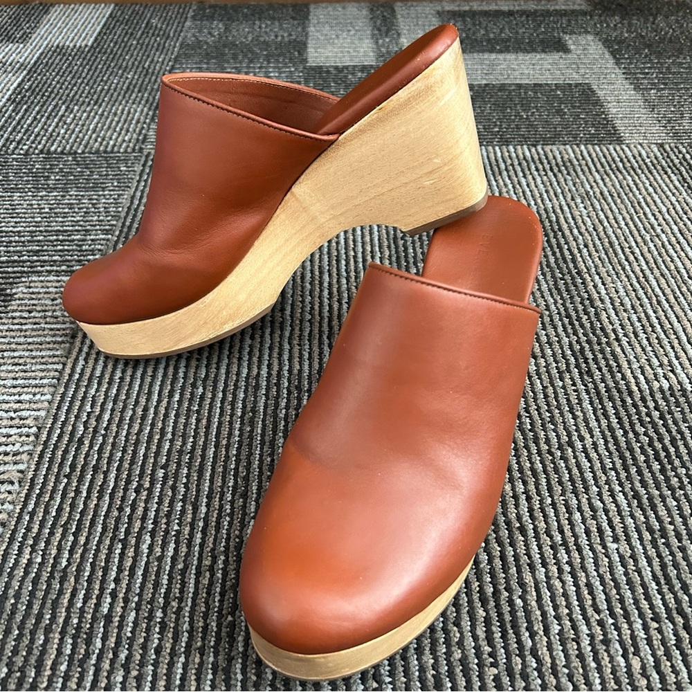Everlane The Clog Cognac Leather Platform Clogs Wedge Heel Mules Shoes Sz 10